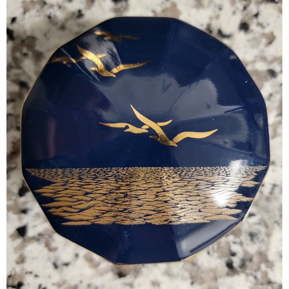 Otagiri Japan‎ Seagulls Beach Ceramic Navy Gold Lidded Trinket Dish
